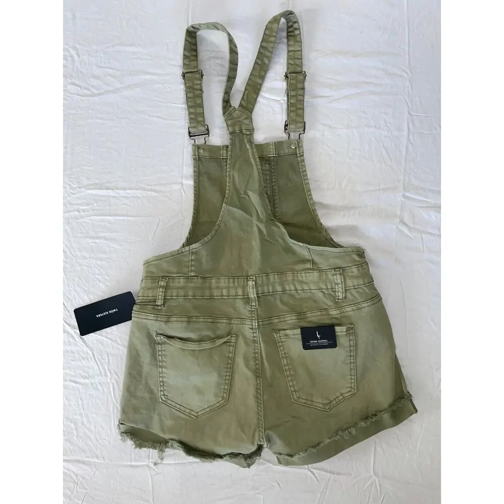 Twiin Sisters Frayed Cuff Denim Overall Shorts in Olive. Women's Size L, NWT!! - Picture 3 of 4